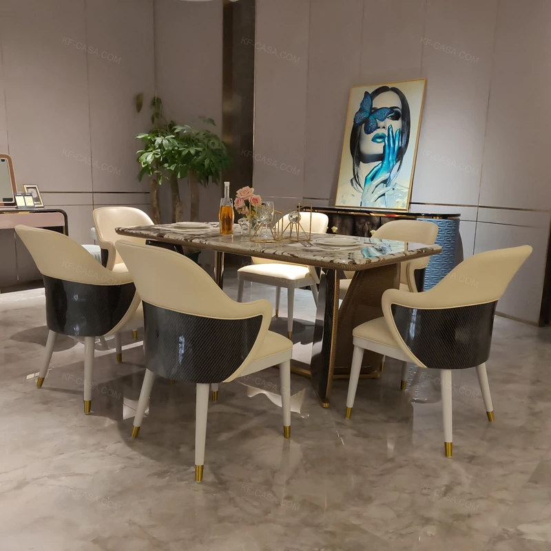 Natural White Marble Dining Table with Dark Brown Veining & Sculptural Dual-Pillar Base